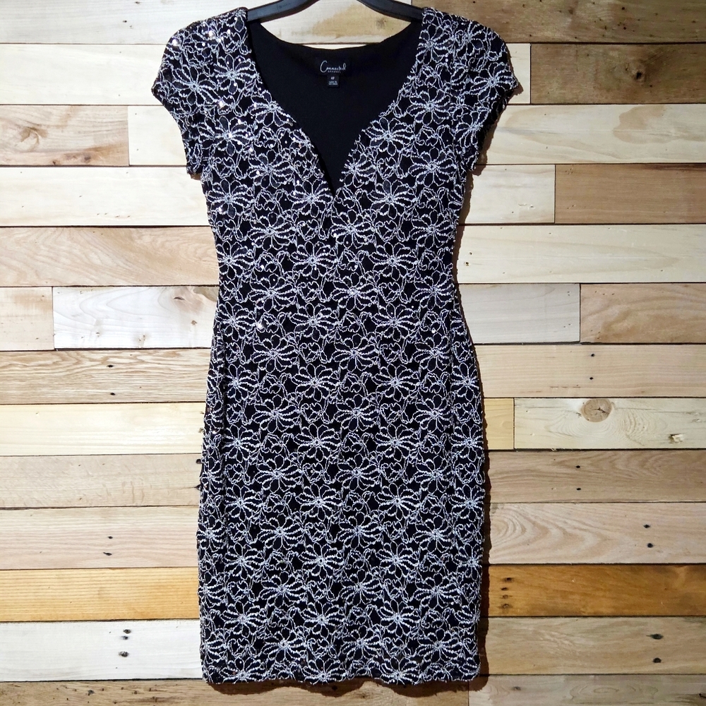 Black Silver Sequin Floral Midi Dress Lined V Neck Cap Sleeve Party Cocktail 4P